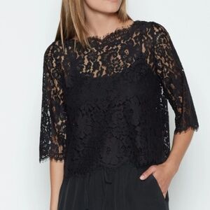 Joie Elvia Lace Scalloped Cropped Blouse Top 3/4 Sleeve, Black, Medium